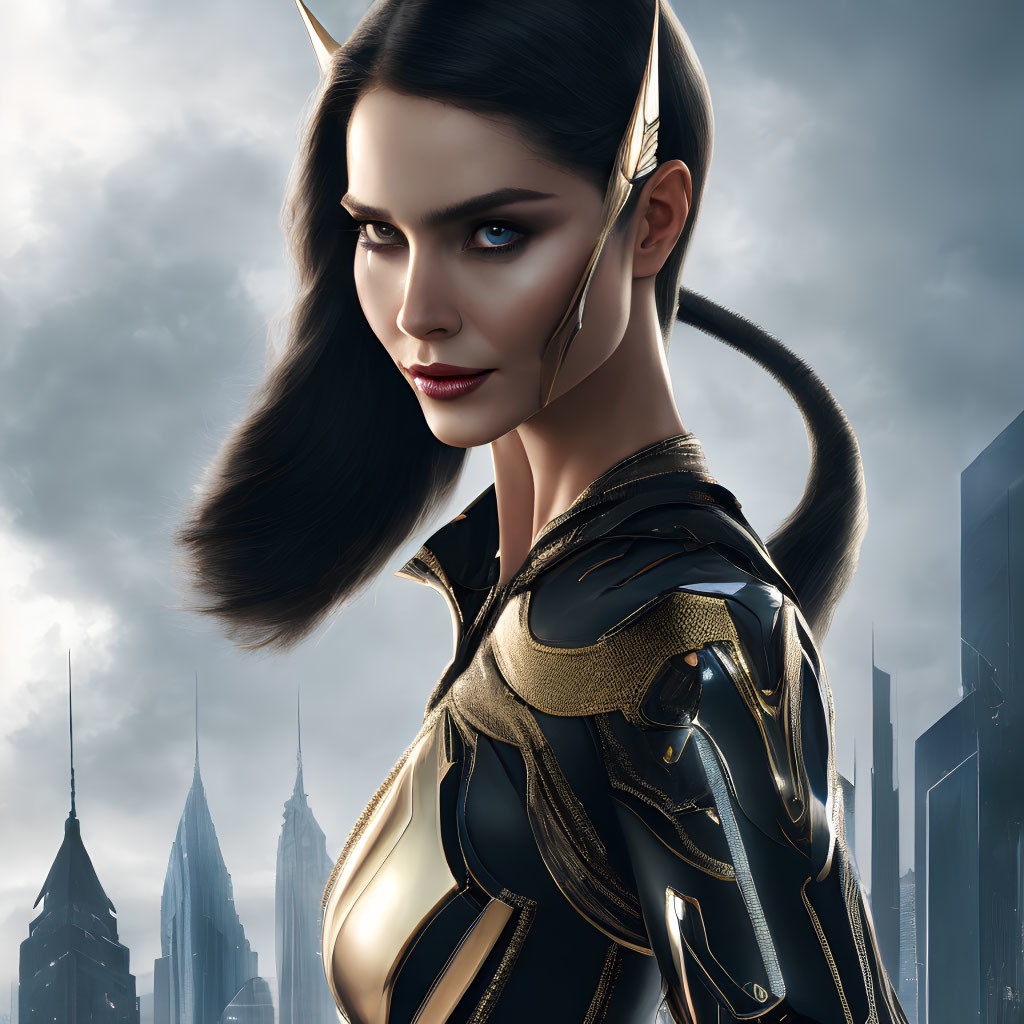 Futuristic digital artwork of confident woman in cat-like armor