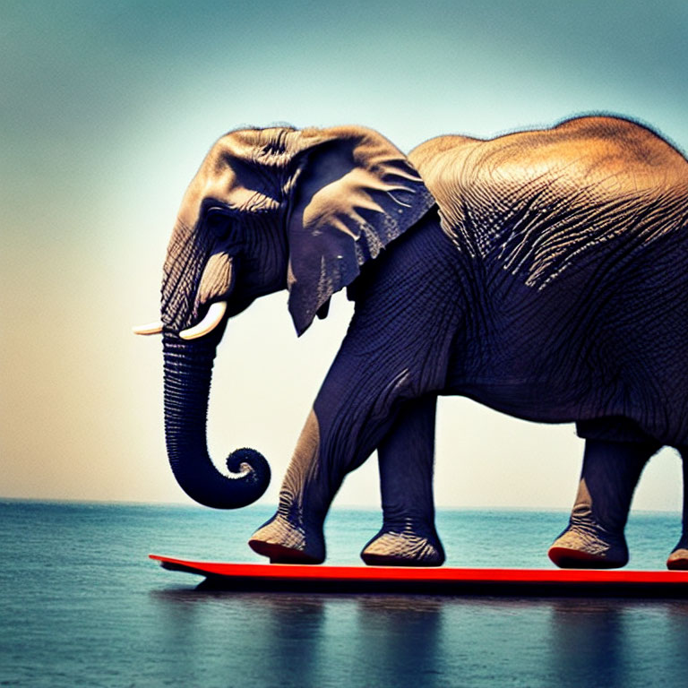 Elephant balancing on surfboard in ocean scene