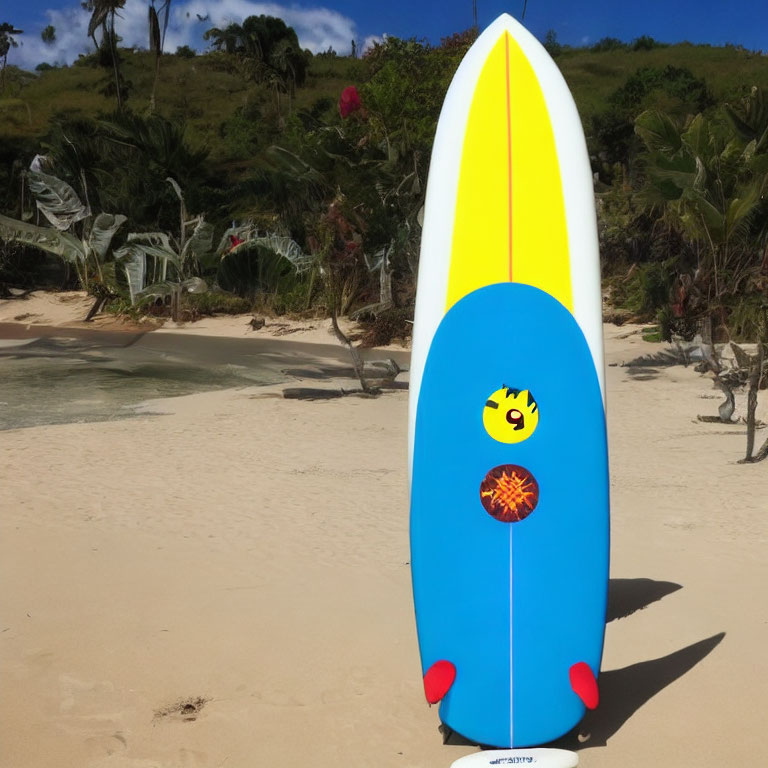 Colorful Cartoon Character Surfboard on Sandy Beach