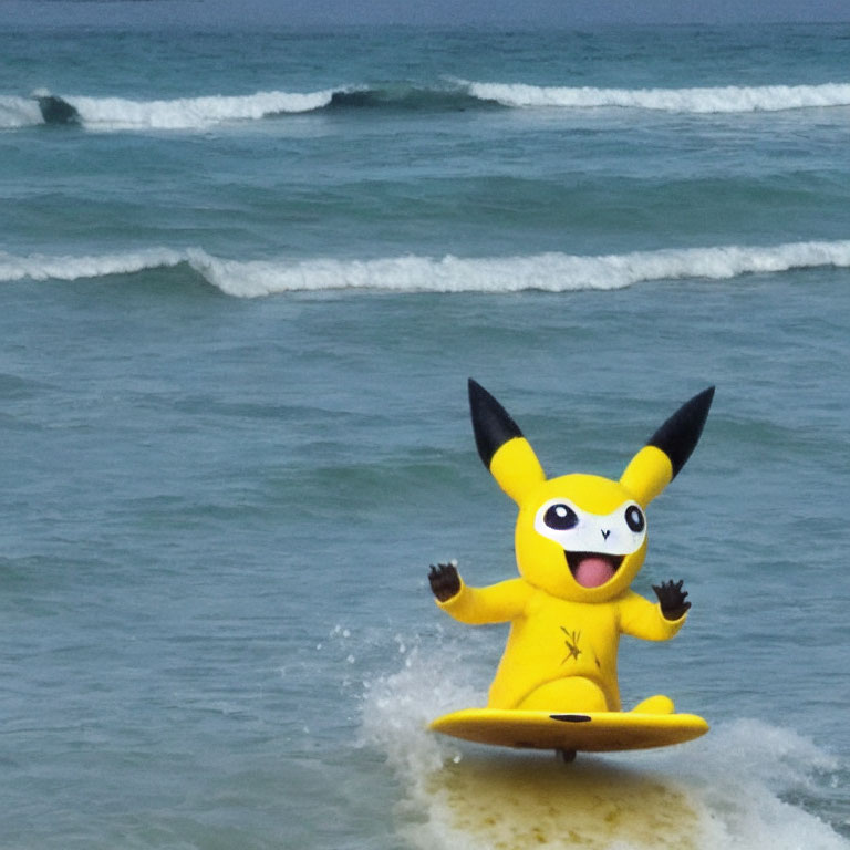 Person in Pikachu costume surfing on yellow board with waves in background