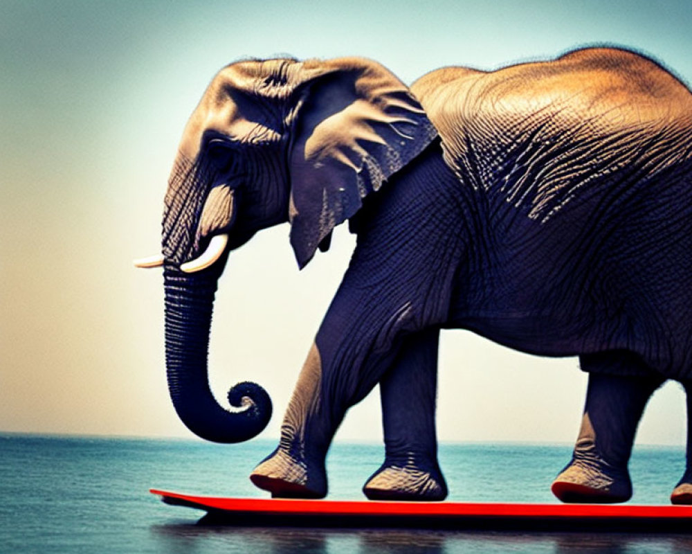 Elephant balancing on surfboard in ocean scene