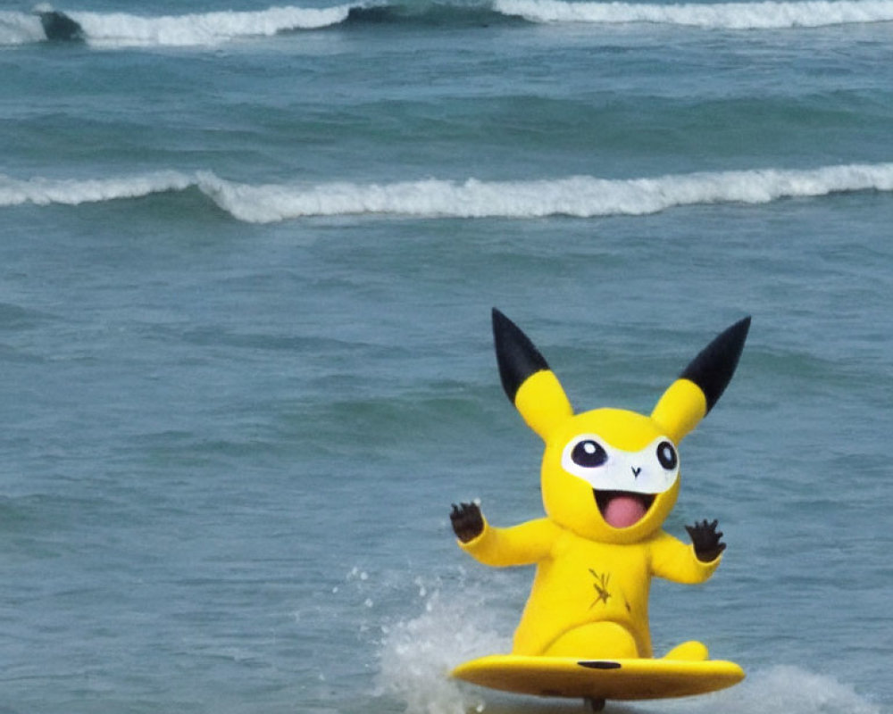 Person in Pikachu costume surfing on yellow board with waves in background
