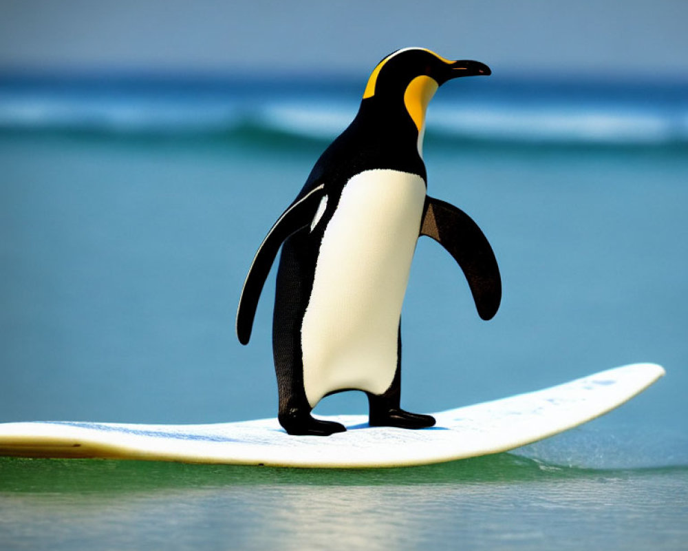 Penguin on White Surfboard with Ocean Background
