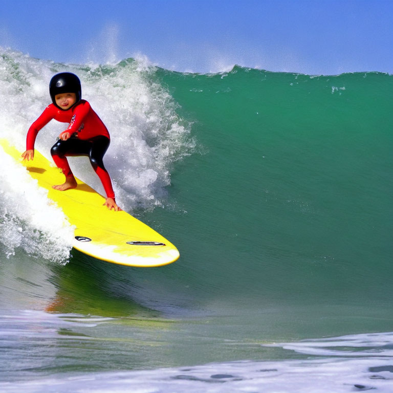 Surfer in Red Wetsuit Riding Yellow Board on Green Wave