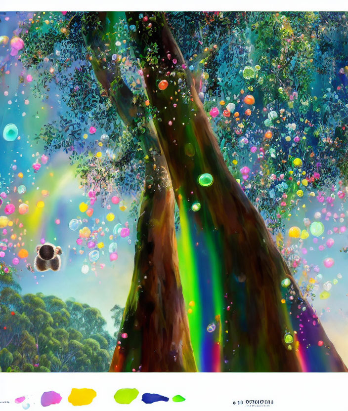 Colorful painting of vibrant tree trunk with rainbow and bubbles in forest