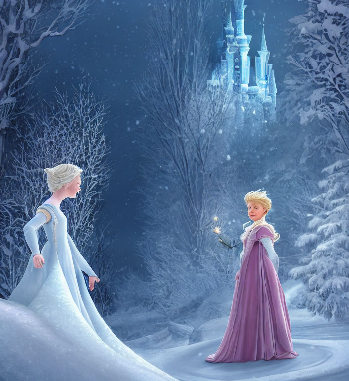 Animated characters in snowy landscape with castle and glowing object in mystical ambiance