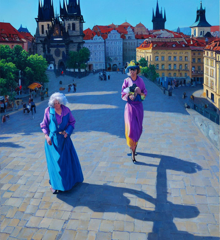 Historical Costumed Women Walking in Sunny Square