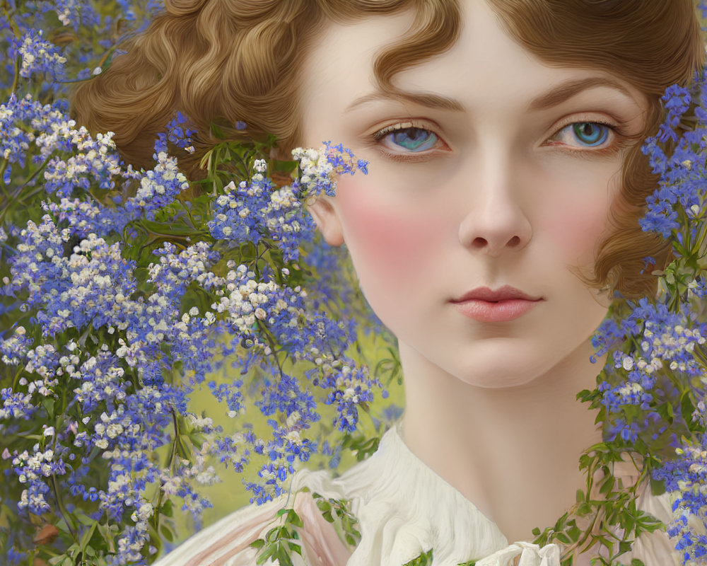 Portrait of Woman with Curly Brown Hair and Blue Eyes Among Blue Flowers