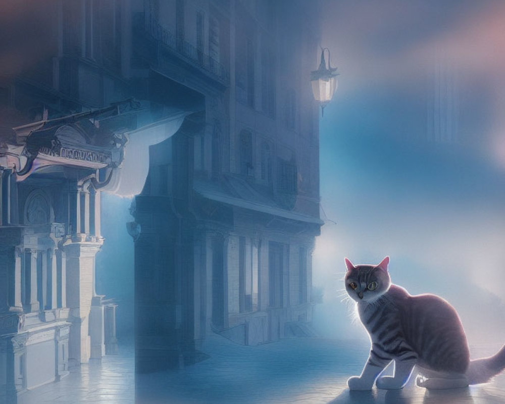 Cat with human-like face on misty street with vintage buildings & glowing lamp