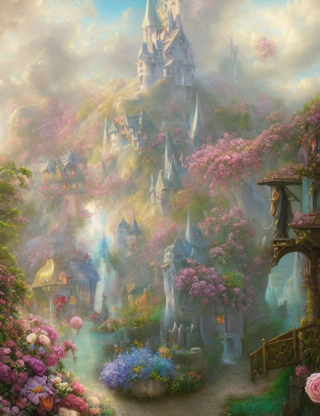 Fantastical castle in misty hill with blooming flora and pastel sky