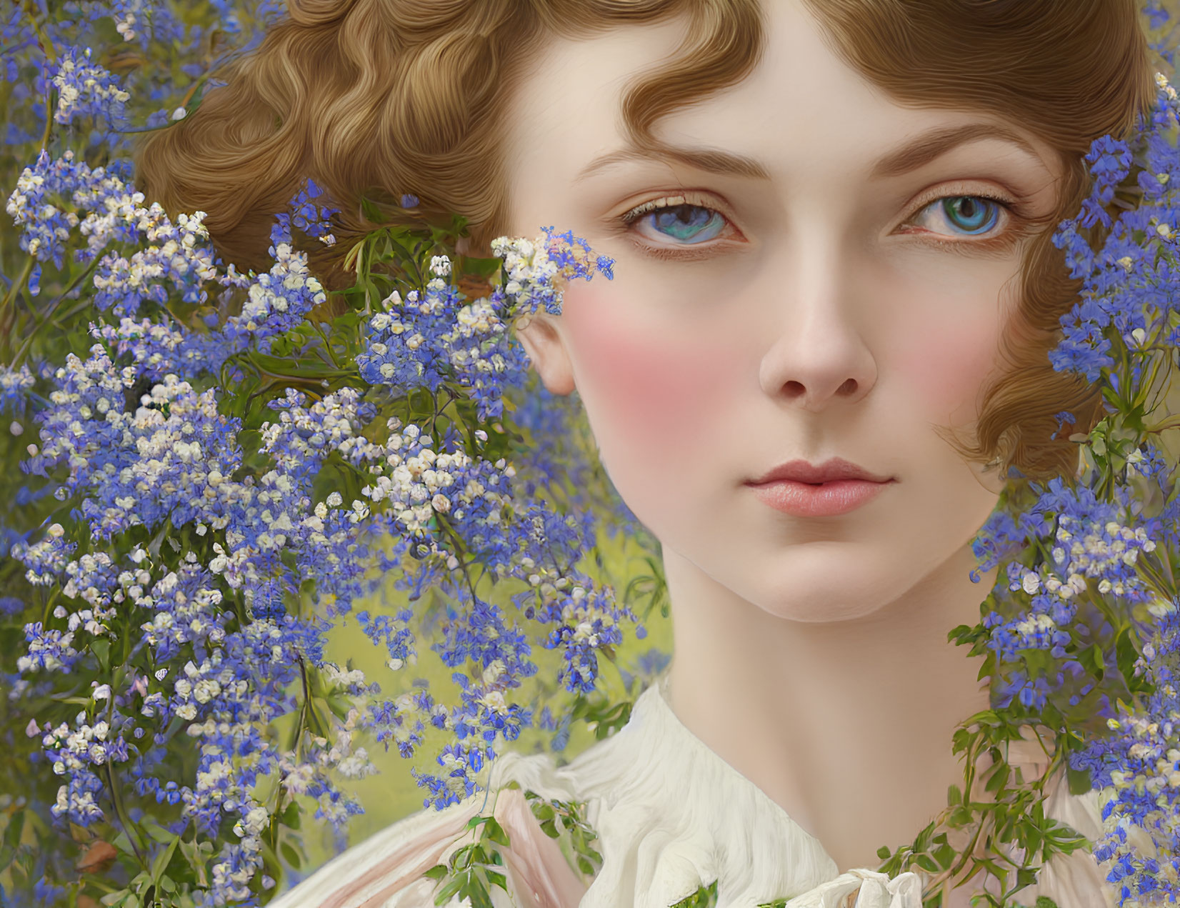 Portrait of Woman with Curly Brown Hair and Blue Eyes Among Blue Flowers