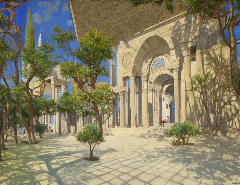 Tranquil courtyard with trees and arches in sunlight