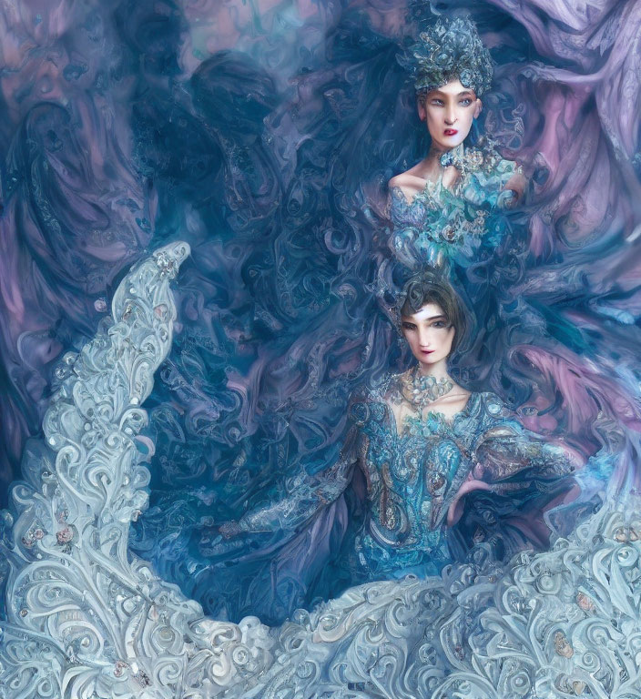 Ethereal figures in swirling blue attire against misty background