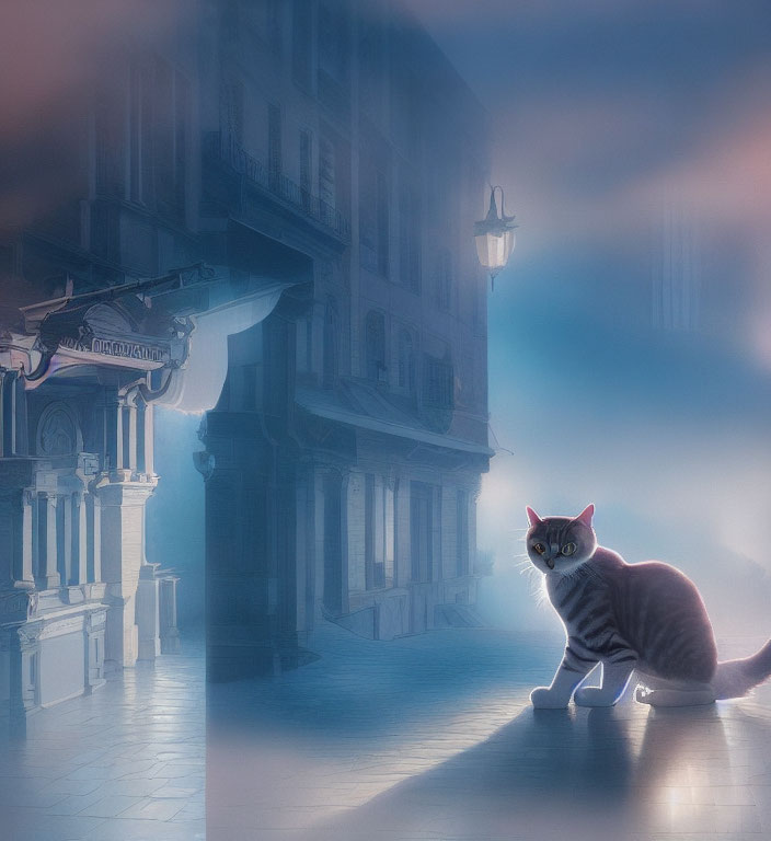 Cat with human-like face on misty street with vintage buildings & glowing lamp