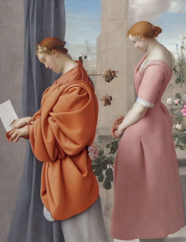 Classical painting of two women in orange and pink drapery beside flowers and blue sky