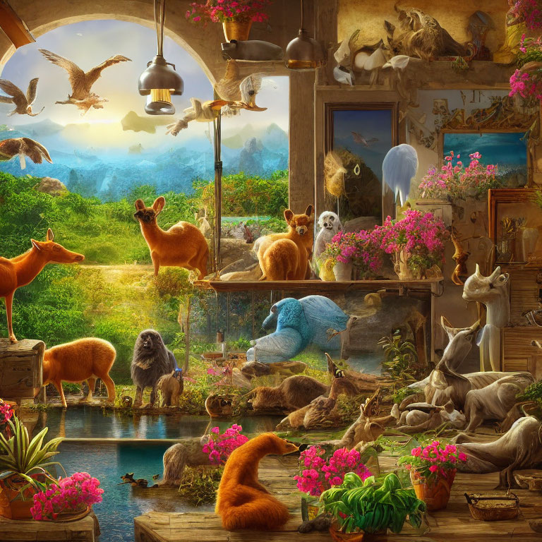 Fantastical room with animals living in harmony amidst nature