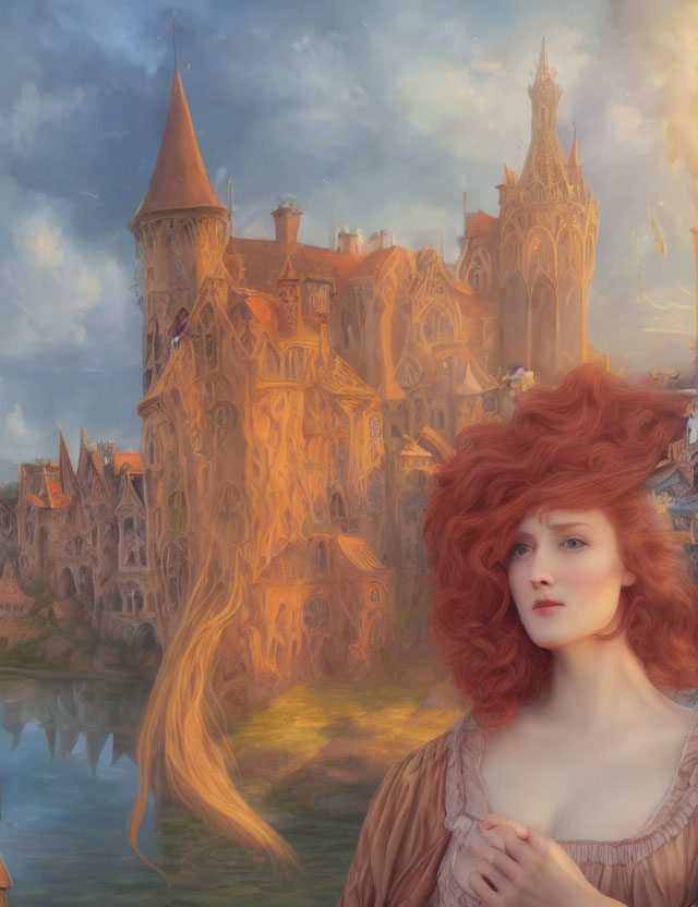 Red-haired woman in front of fairytale castle with dreamy sky.