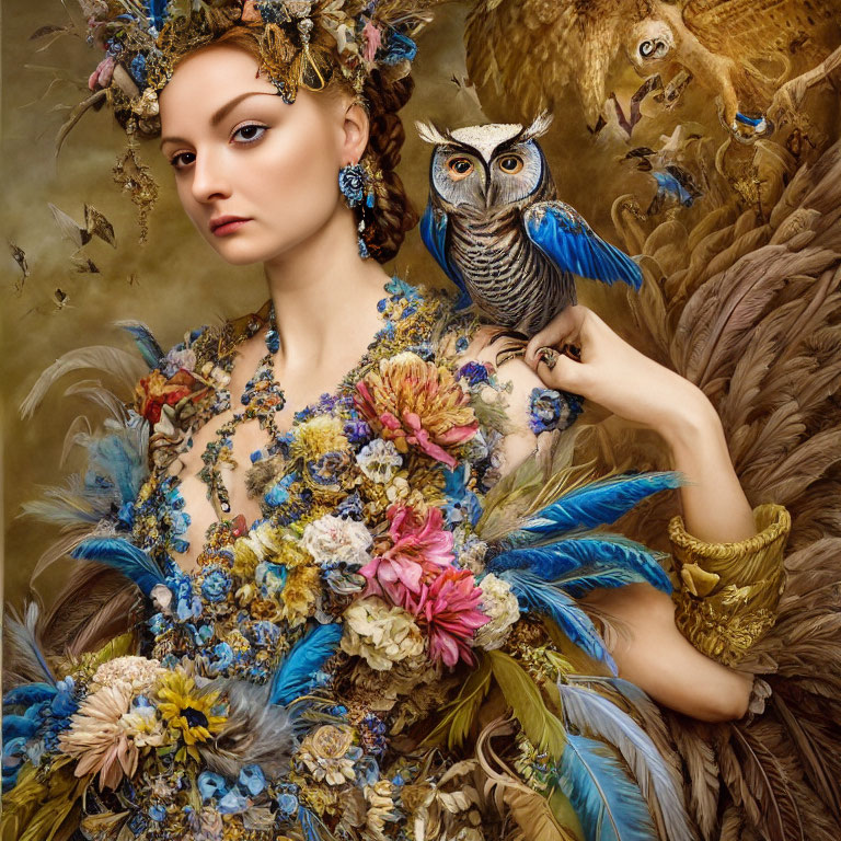 Woman in ornate floral gown with owl on shoulder in earthy tones