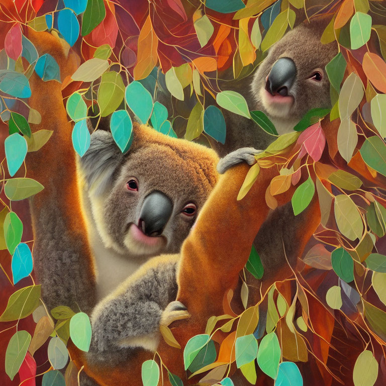 Colorful Eucalyptus Leaves with Two Koalas Peeking