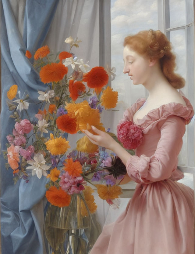 Woman in Pink Dress Admiring Colorful Flower Bouquet by Window