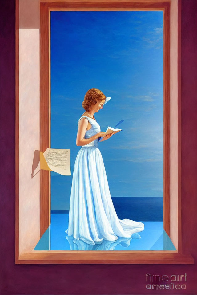 Woman in Blue Dress Reading Letter by Open Window with Ocean View