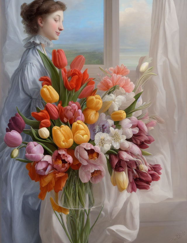 Woman in Blue Dress Holding Tulips by Window with Landscape View