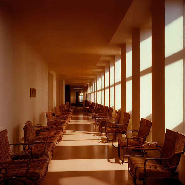 Sunlit corridor with patterned chairs casting shadows