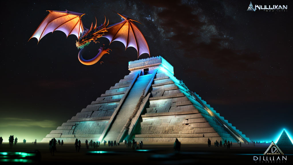 Dragon hovers over ancient pyramid under starlit sky with silhouetted figures.