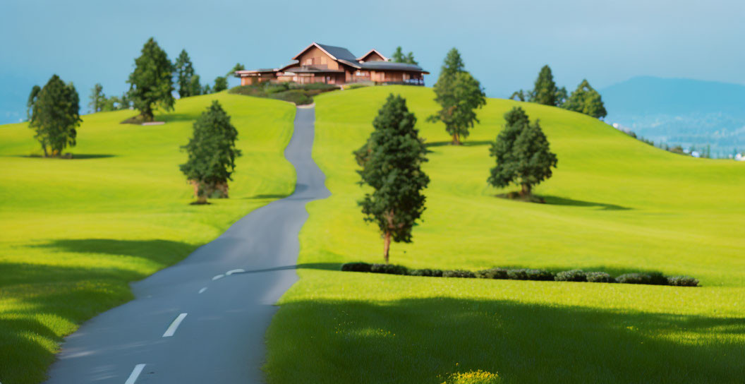 Scenic winding road to large house on green hill with trees and blue sky