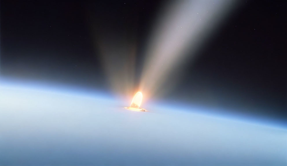 Spacecraft ascends with flames against Earth's horizon