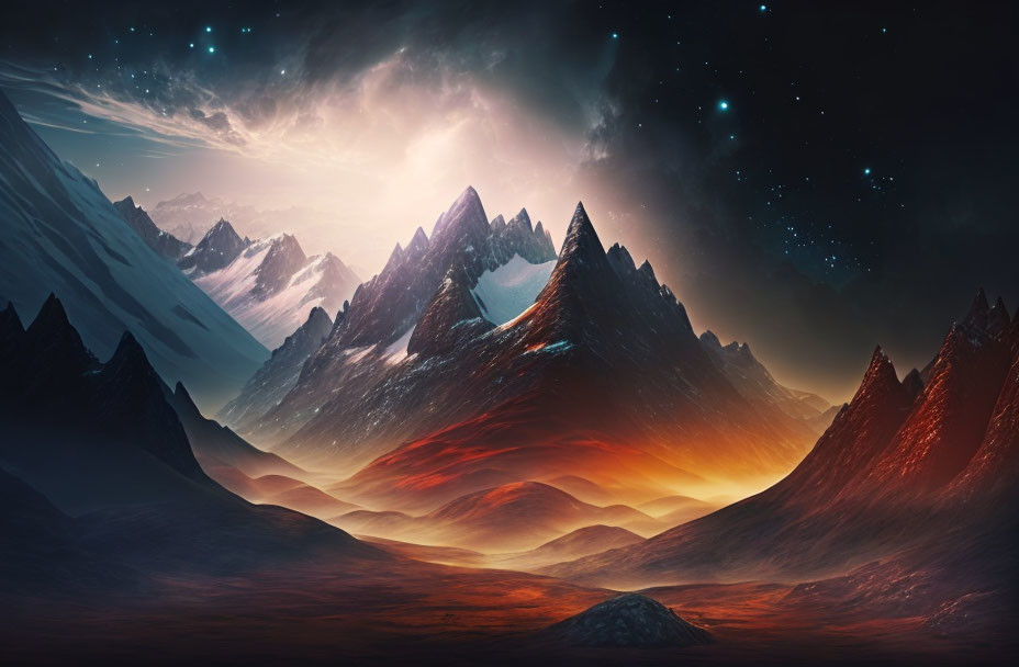 Surreal landscape with sharp mountains under starry sky