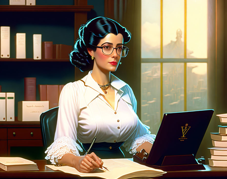 Illustration of woman in vintage office with typewriter, books, and lamp