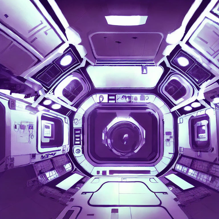 Purple-tinted spacecraft interior with tunnel-like corridor, circular hatch, and high-tech panels.