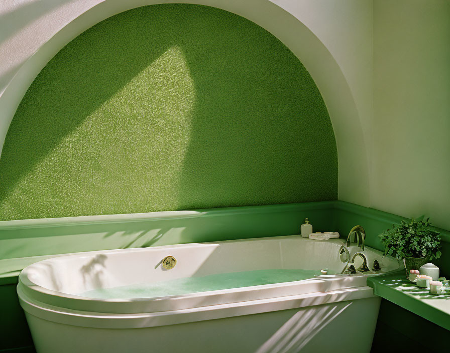 Tranquil bathroom corner with filled bathtub, green walls, sunlight, plants, and toiletries