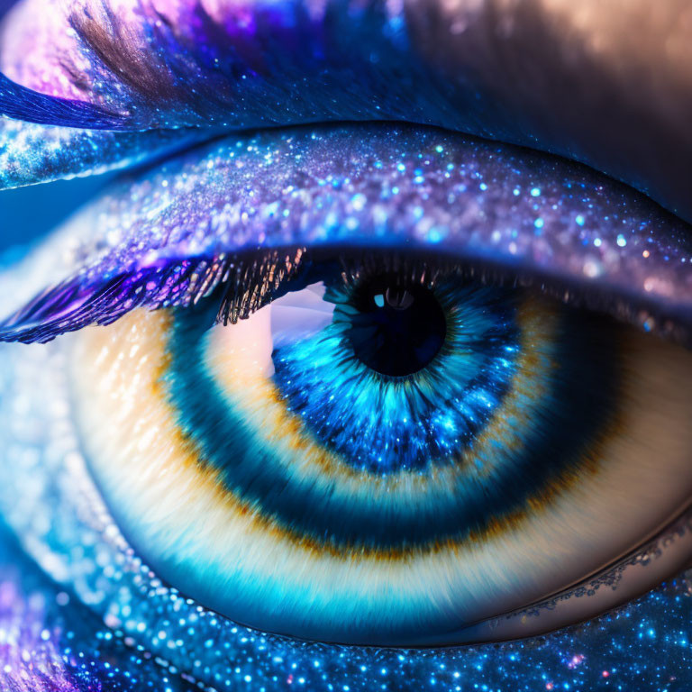 Detailed Close-Up of Blue and Yellow Iris with Glitter Makeup
