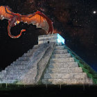 Dragon hovers over ancient pyramid under starlit sky with silhouetted figures.