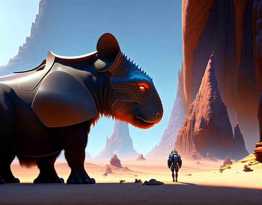 Armored futuristic beast and figure in spacesuit in desert landscape