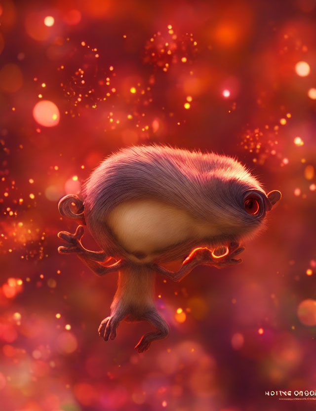 Fluffy creature with large eyes on red-orange bokeh