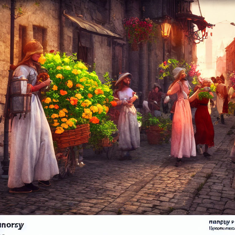 Medieval street scene with people in period attire and flower stall in warm light