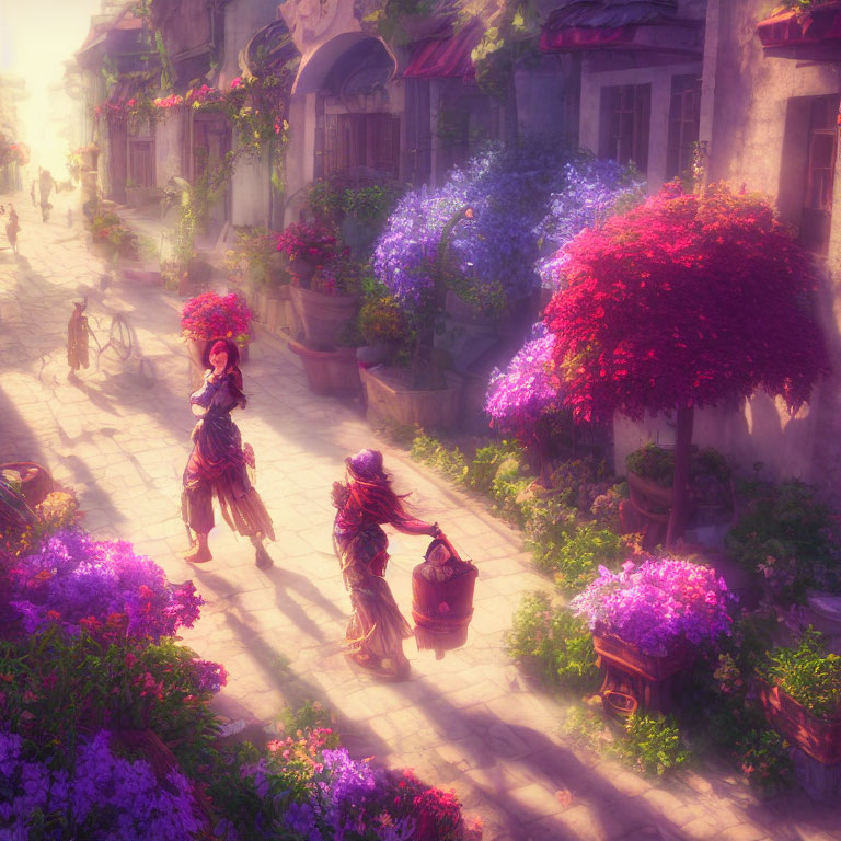 Picturesque street with vibrant flowers and a woman walking with a child in serene setting