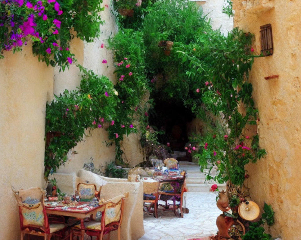 Rustic outdoor dining area with stone wall and purple flowers