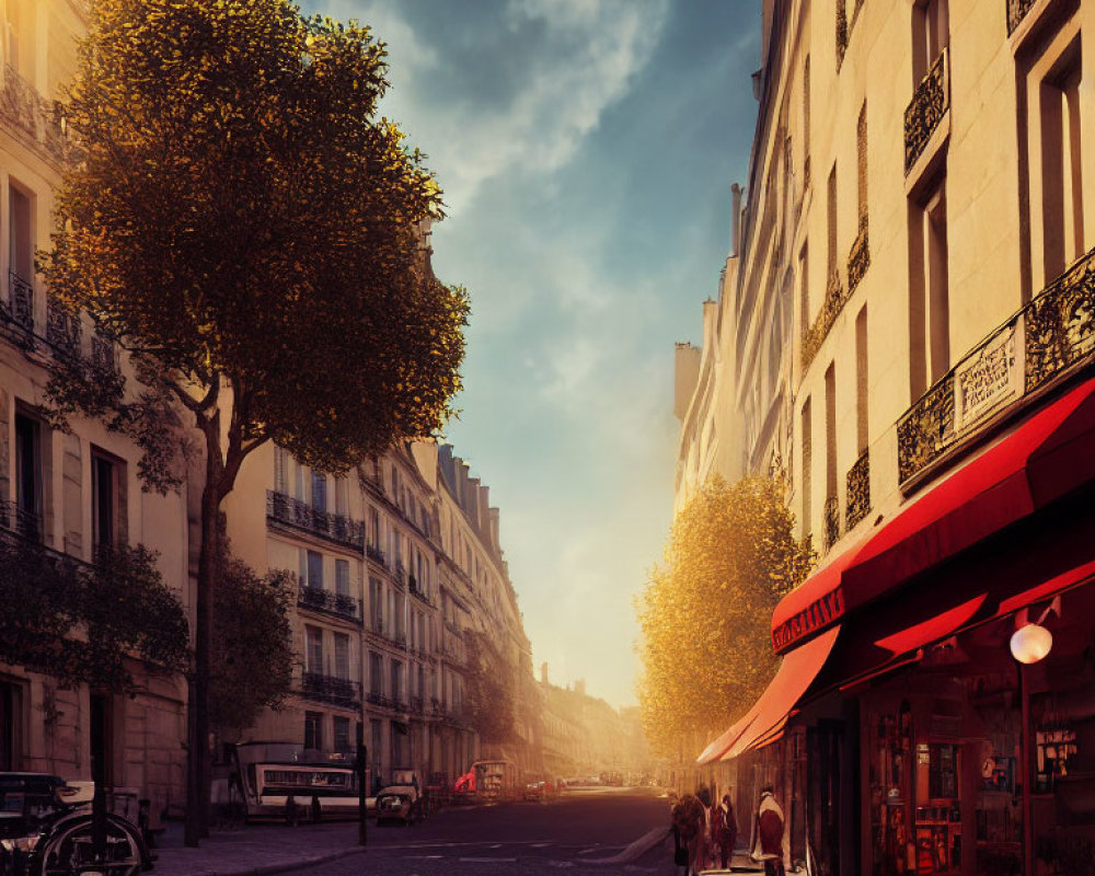 Sunrise on Parisian Street: Cafe, People, Classical Buildings, Tree-lined Sidewalk