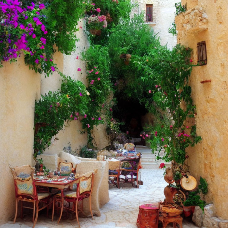 Rustic outdoor dining area with stone wall and purple flowers