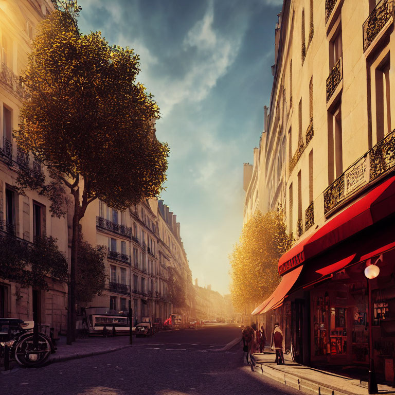 Sunrise on Parisian Street: Cafe, People, Classical Buildings, Tree-lined Sidewalk