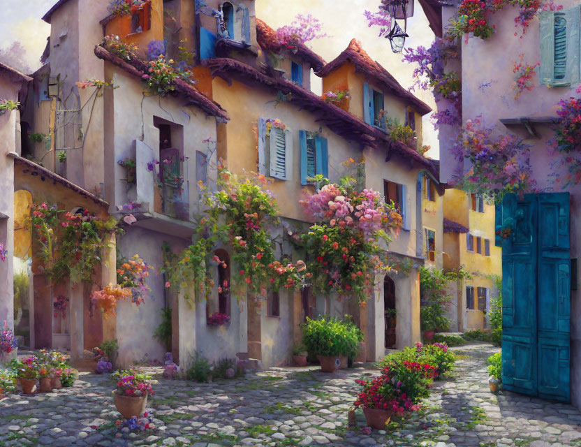 Colorful Cobblestone Street with Vibrant Houses and Flowering Vines