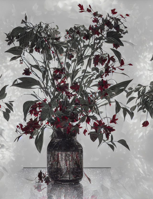 Vibrant red flower bouquet in clear vase on reflective surface