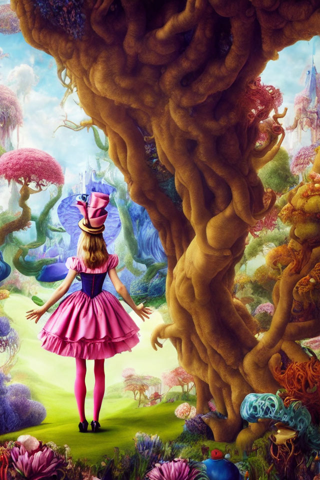 Whimsical person in pink dress and top hat in surreal landscape