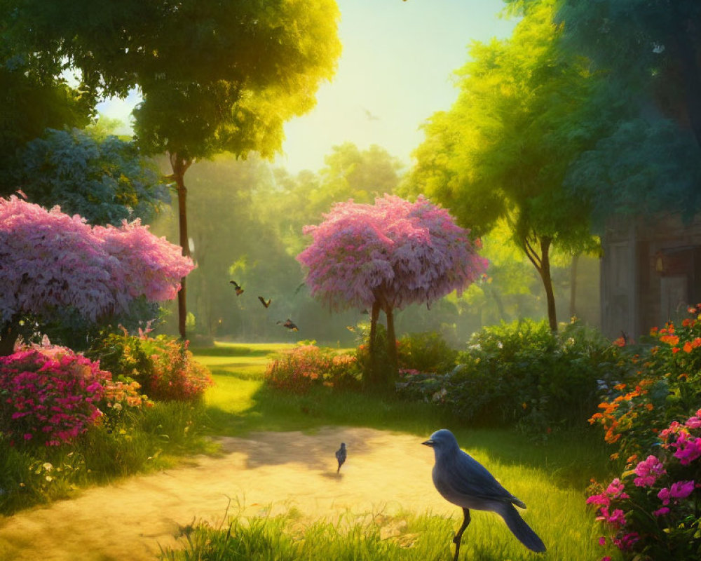 Tranquil garden path with blooming purple trees and birds in soft morning light