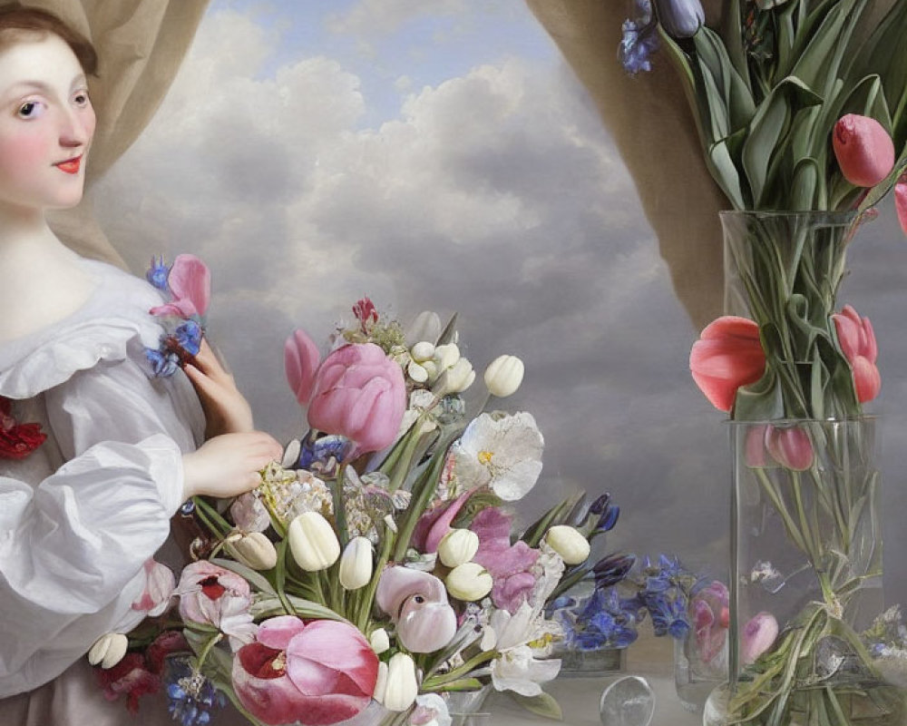 Woman in classical attire with bouquet and tulips under billowing drape against cloudy sky.