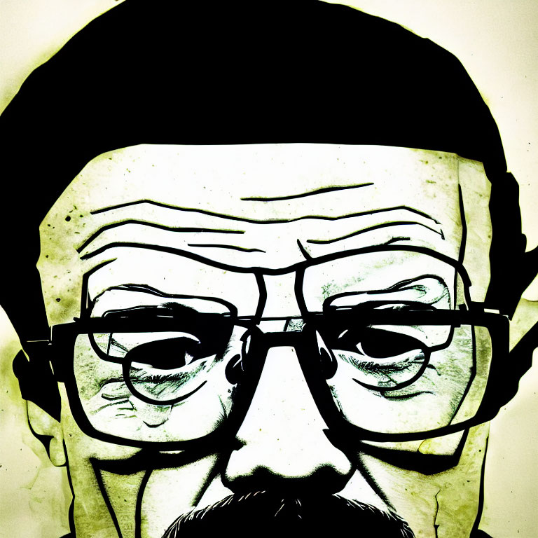 Man's face with glasses, mustache, furrowed brow in black and yellow tones